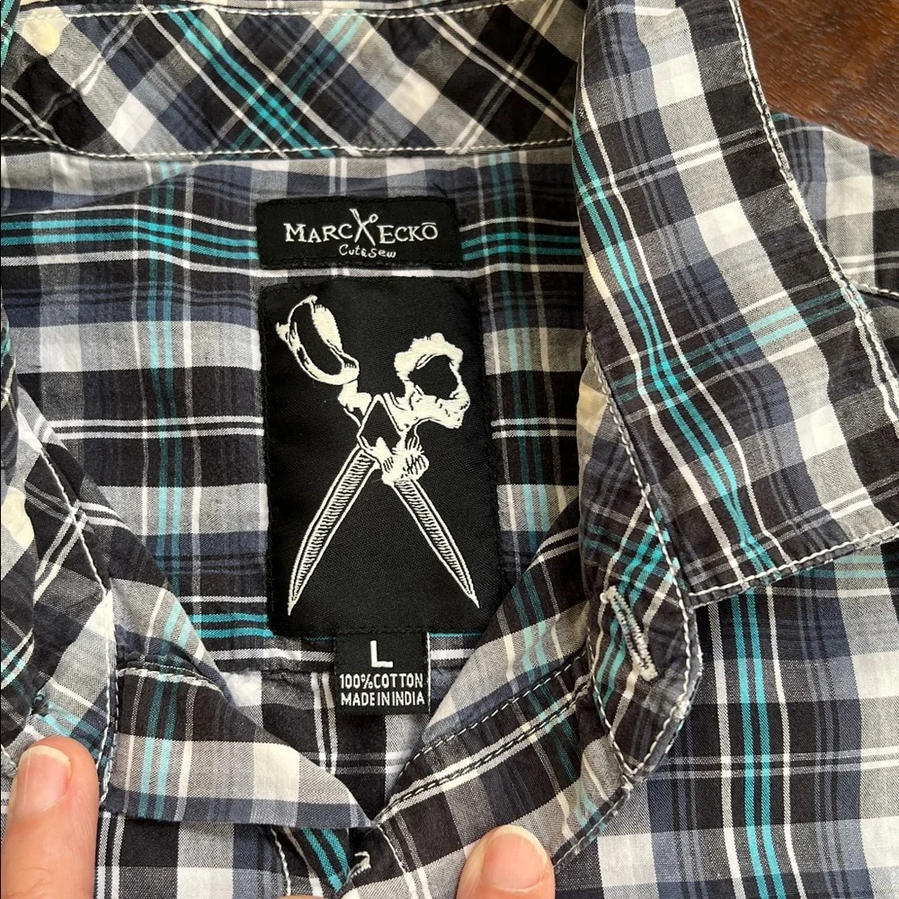 MARC ECKO Vintage 90s Streetwear L/S Button Down Shirt Blue/White Plaid Men's L